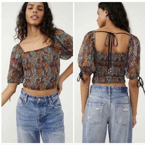 Free People Back On Top Multicolor FloralPuff Sleeve Crop Top Dark Combo Size M